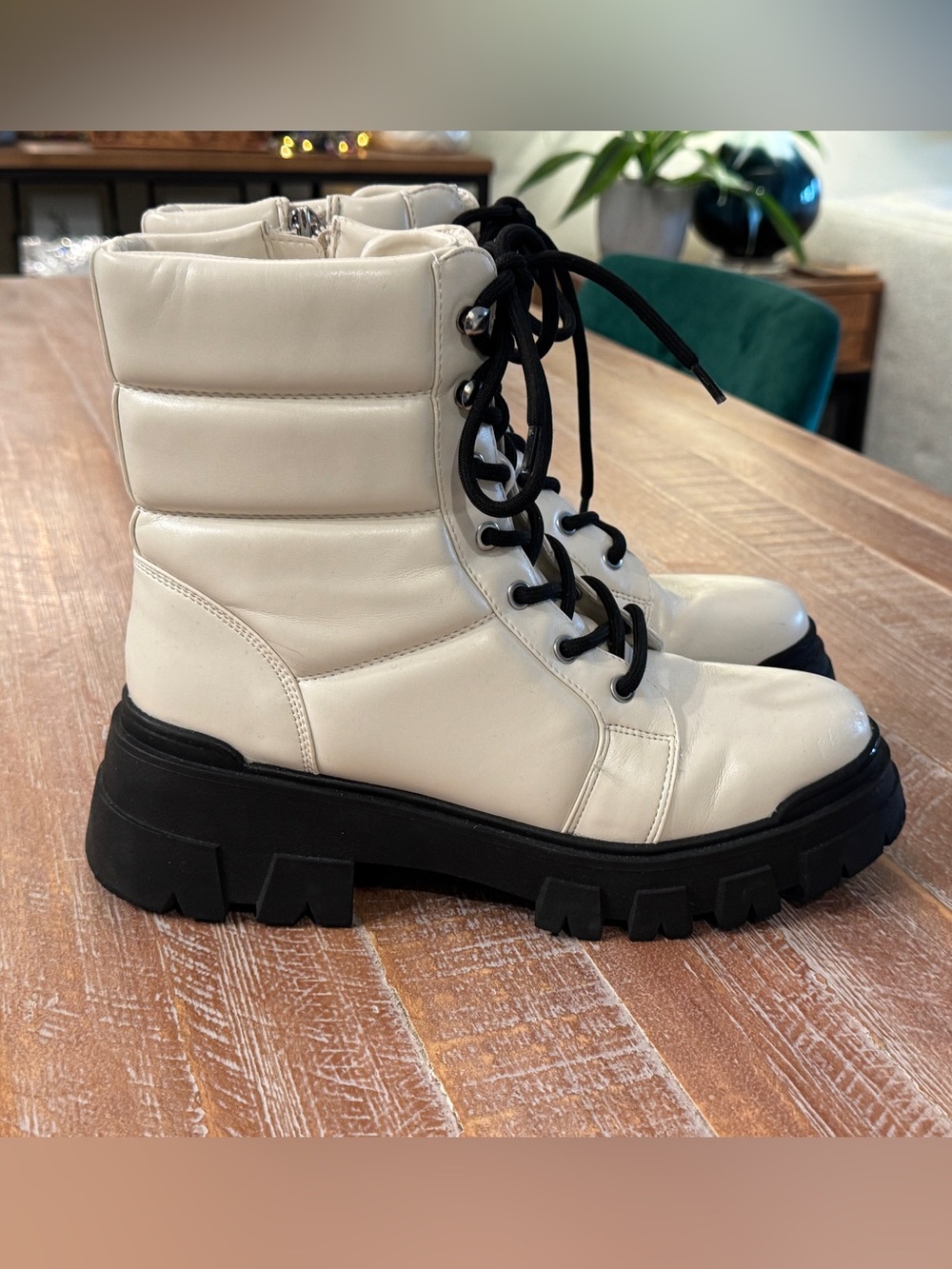 Marc Fisher Cream Lace-Up Combat Boots with Black Lug Sole size 9